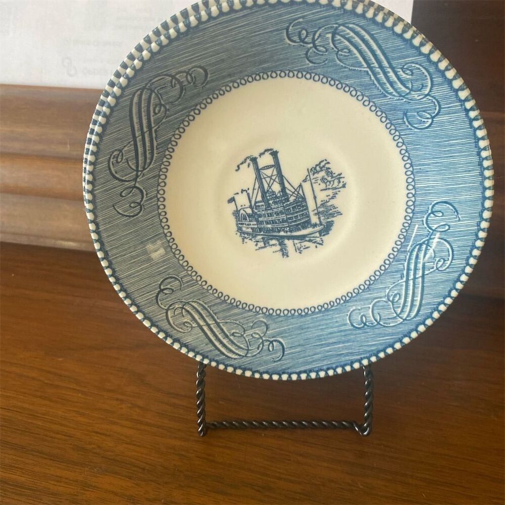 Royal China Currier & Ives Blue Steamboat Saucers Set of 6 Vintage 1950s